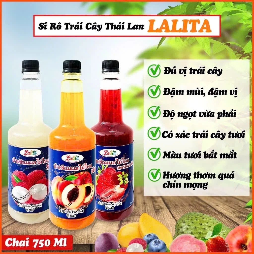 Syrup Trái Cây Thái Lan Lalita Chai 750ml Chuyên Dùng Cho Pha Chế Đồ Uống, Trà Trái Cây, Soda