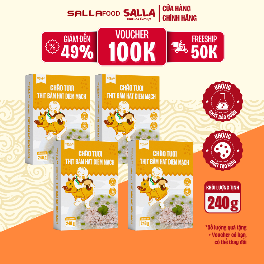Combo 4 Hộp Cháo Tươi Thịt Bằm Diêm Mạch SALLAFOOD - Túi Retort 240g - Cháo Ăn Liền - Không Chất Bảo Quản