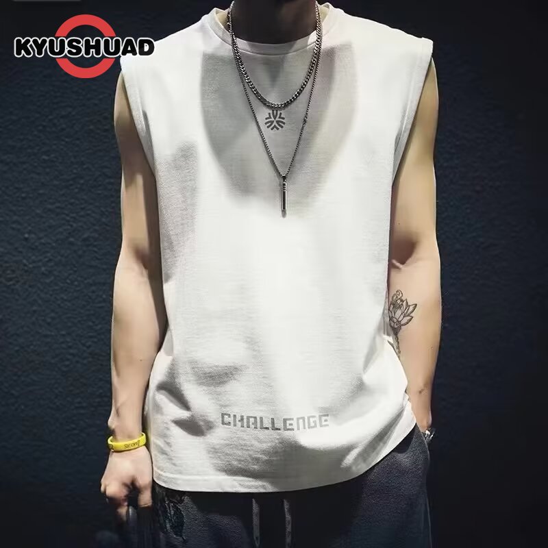 KYUSHUAD Áo thun không tay áo ba lỗ cho nam-áo thể dục thể thao thời trang rộng thùng thình-Áo Áo phông thể thao không tay đơn giản rộng cổ tròn cho nam