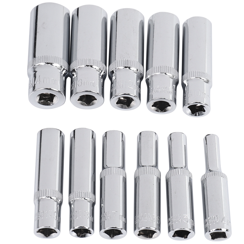 (OFNH) 11 pcs 1/4 inch Drive Deep Socket Set Hand Tools 6 Point Long Socket Hex Repair Tool