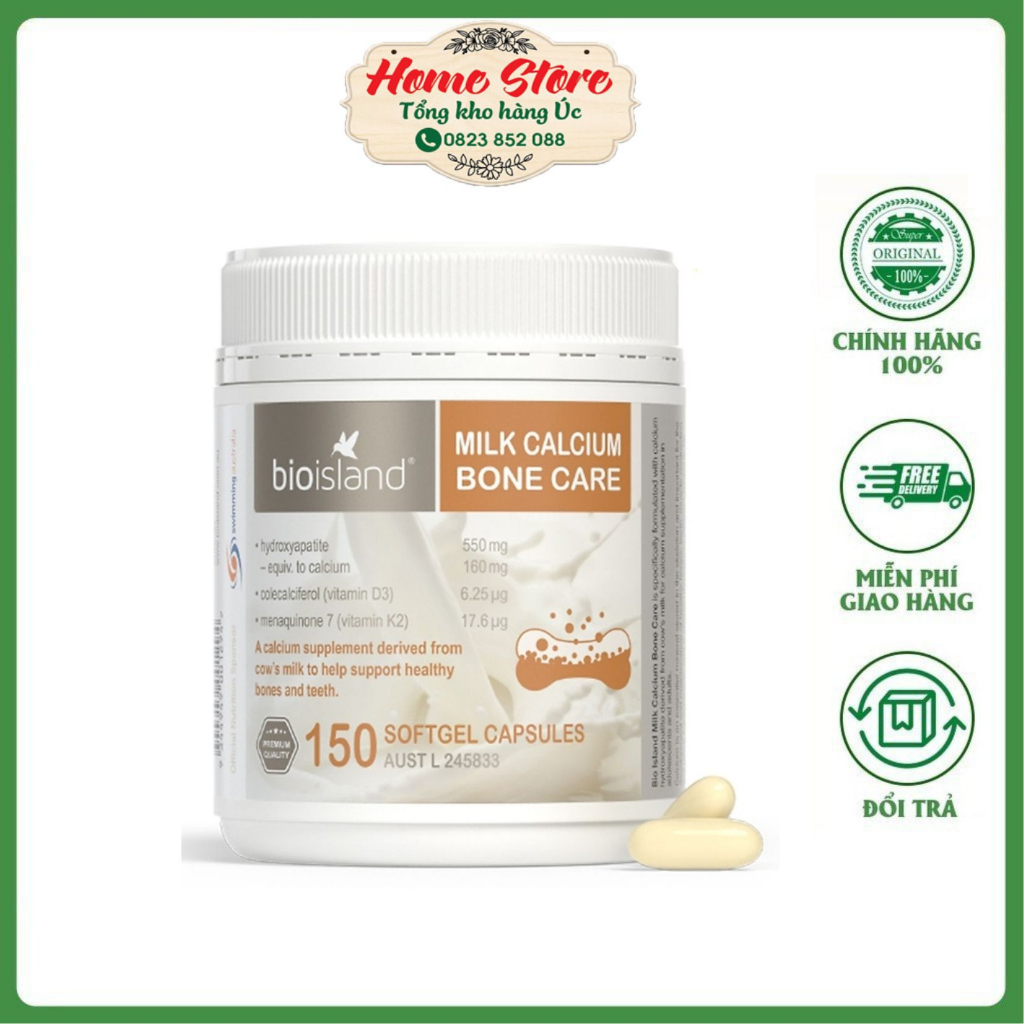 Viên uống bổ sung Canxi hữu cơ Canxi Bio Island Milk Calcium Bone Care Úc 150 viên Home Store