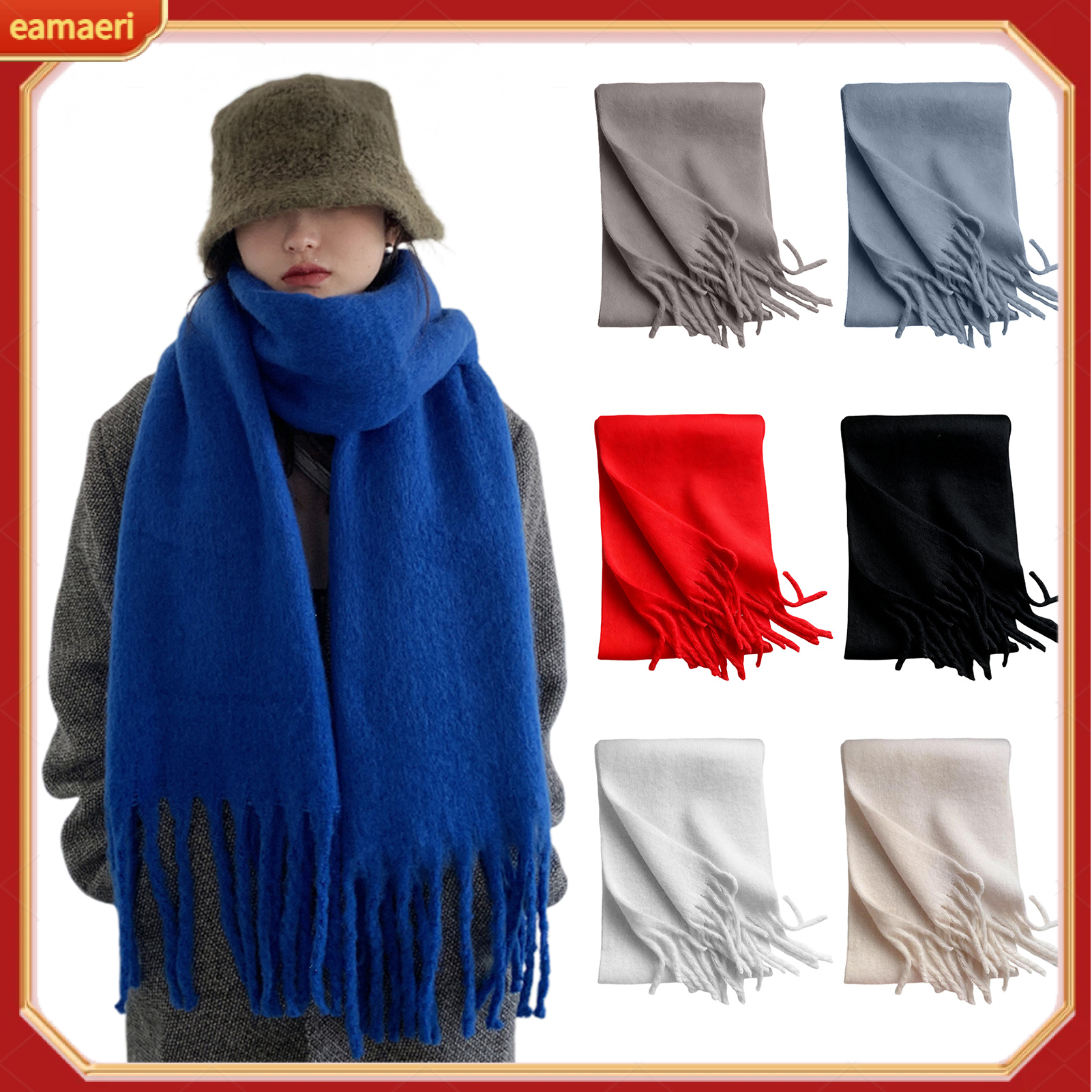 Women Winter Scarf Solid Color Thickened Warm Shawl Scarf with Tassel Design Cold Weather Fashion Accessories ราคา 228 บาท*ส่งฟรี