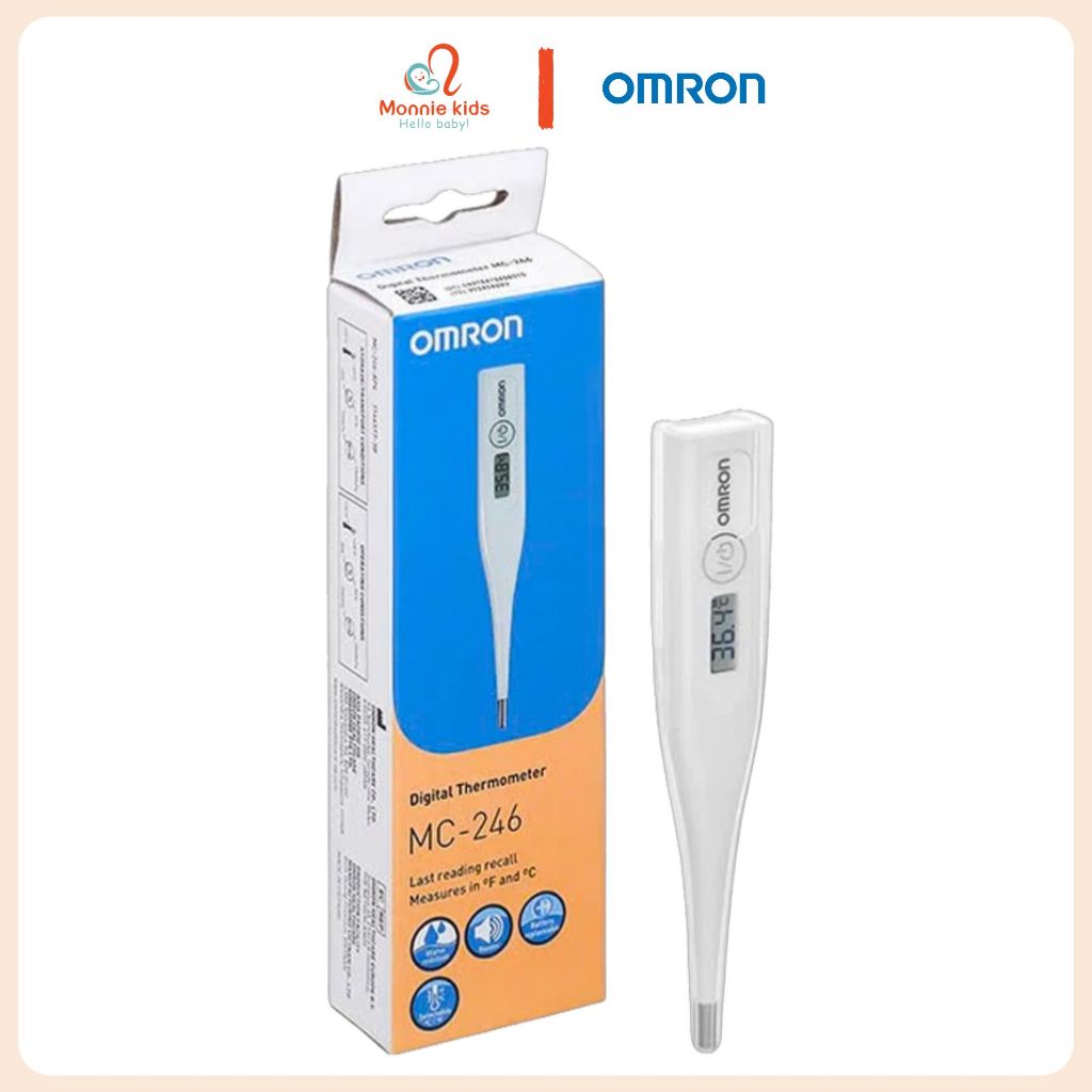 Nhiệt kế điện tử Omron MC246 cho bé sơ sinh, dụng cụ đo nhiệt kẹp nách màn led - Monnie Kids