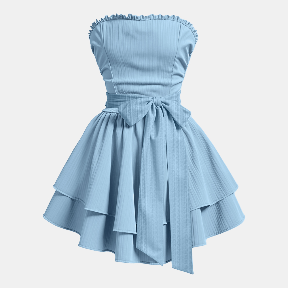 BRANCHÉ Phụ Nữ Của Dresses Mùa Hè Dễ Thương Ngọt Ngào Màu Rắn Bow Knot Pleated Không Tay Tắt Vai Mini Ống Đảng Dresses B241015