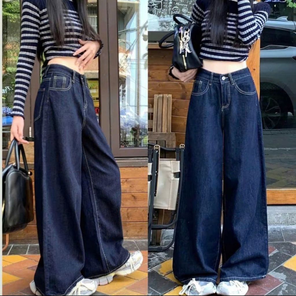 Quần jean xuông Bigsize nữ xanh than viền trắng lưng cao tôn dáng năng động thời trang - Q533