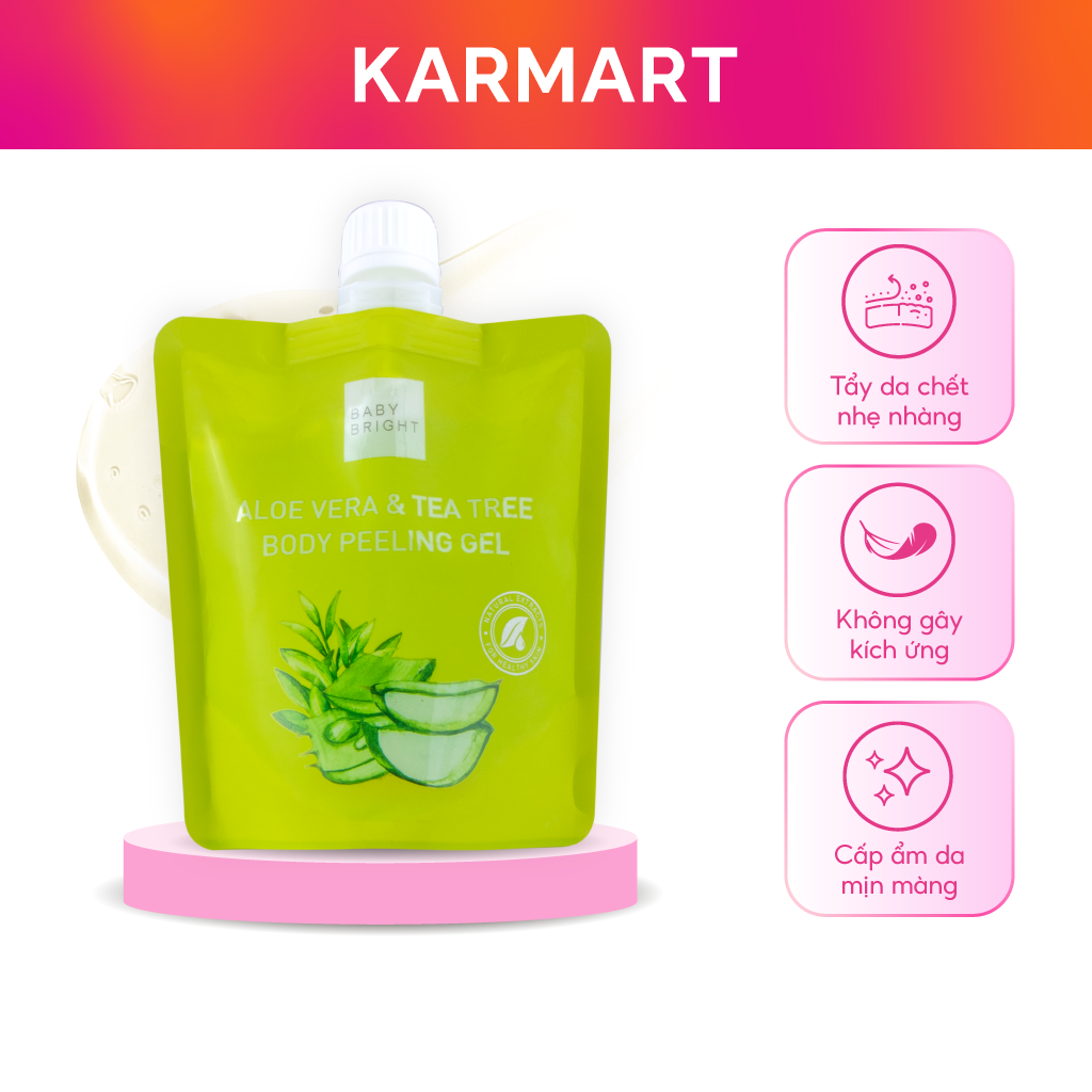 Combo 4 gel tẩy da chết toàn thân lô hội và tràm trà baby bright aloe vera and tea tree body peeling gel 200ml