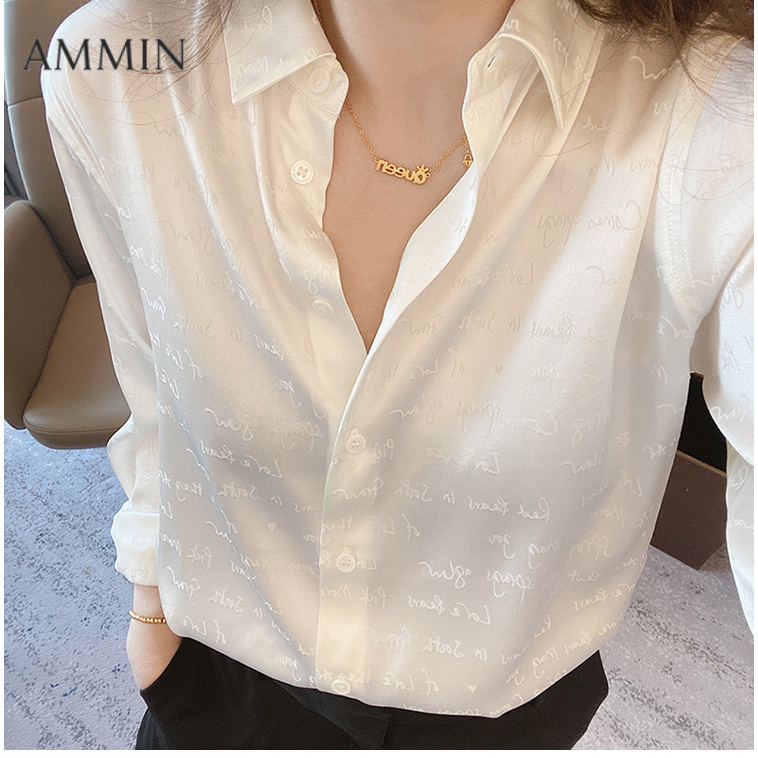 Ammin phong cách Hàn Quốc đơn giản ve áo thời trang áo sơ mi lụa in chữ cái phụ nữ 2025 Mùa Hè Thiết kế mới cảm giác thời trang đơn hàng Tay áo dài đi lại Áo Blouse thanh lịch
