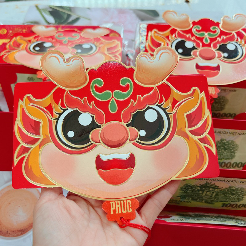 Bao lì xì 2 ngăn 6 ngăn PHÚC LỘC THỌ xuân giáp thìn đầu rồng ánh nhũ 2024