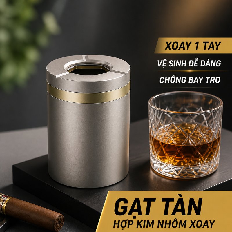 Gạt tàn thuốc hợp kim nhôm xoay 360 nắp trượt mở một tay chống gió chống bụi cho ô tô văn phòng bàn làm việc