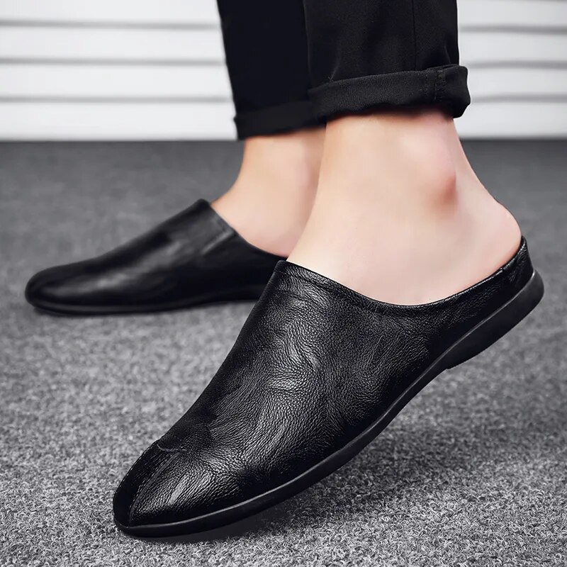 Fashion Comfy Mens Muller Shoes Italian Men Slippers Genuine Leather Loafers Casual Outdoor Non-slip Half Slipper Men All-match