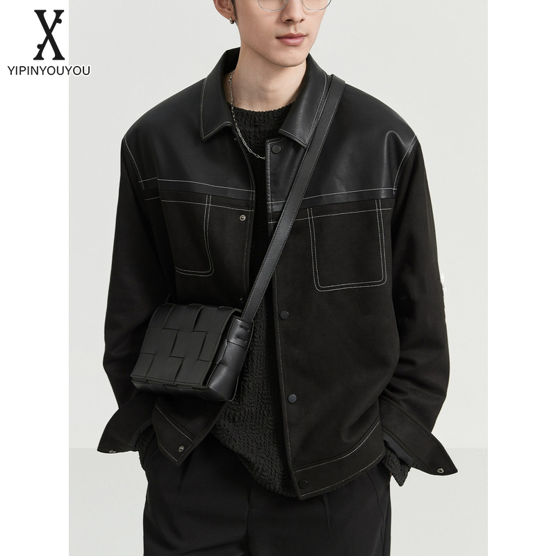 YIPINYOUYOU丨Áo khoác nam-áo khoác thiết kế ghép mảnh da lộn cao cấp phong cách Hàn Quốc mới Áo áo khoác Jacket rộng