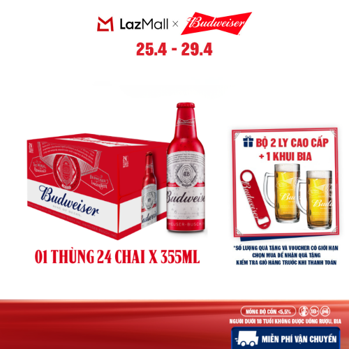 Thùng 24 Chai Aluminum Bia Budweiser Chính Hãng (355ml/ chai)