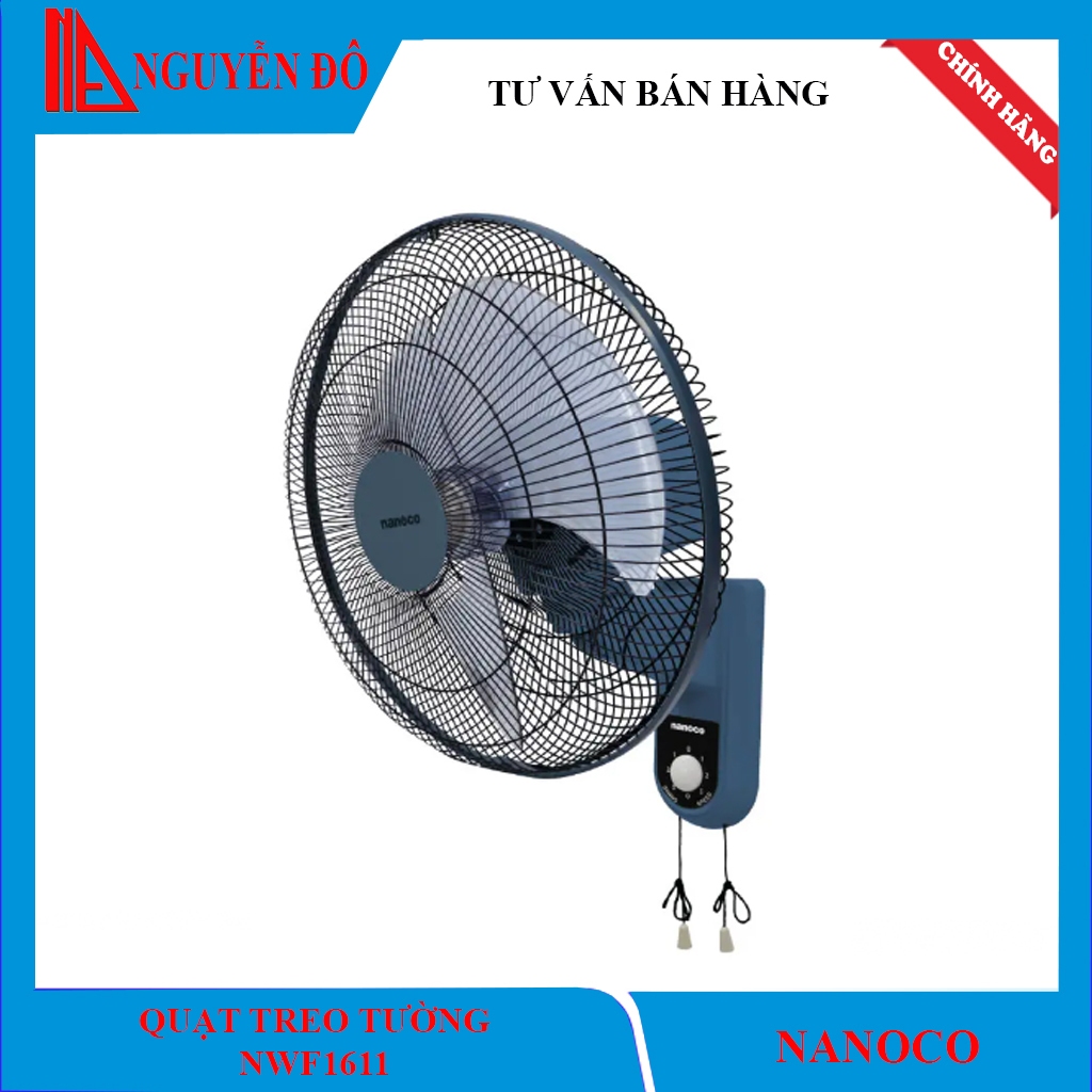 Quạt treo tường Nanoco giật 2 dây NWF1611, 3 màu Xanh/Xám/Beige, 3 cấp độ gió công suất 47w motor dây đồng quạt chạy êm