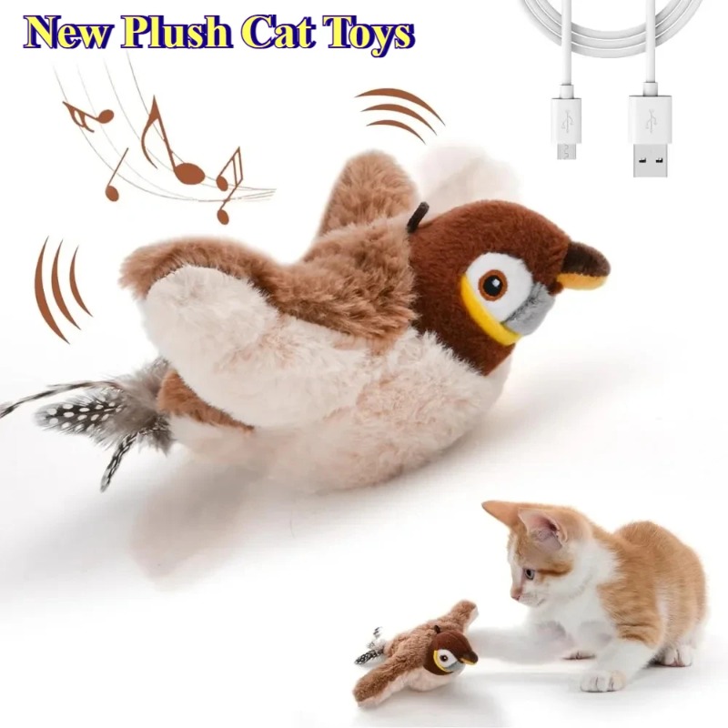 Hot Cat Interactive Toys Catnip Electric Pat Bird with Catnip Dog Cats Touch-Activated Squeaky Plush Toy Pet USB Rechargeable