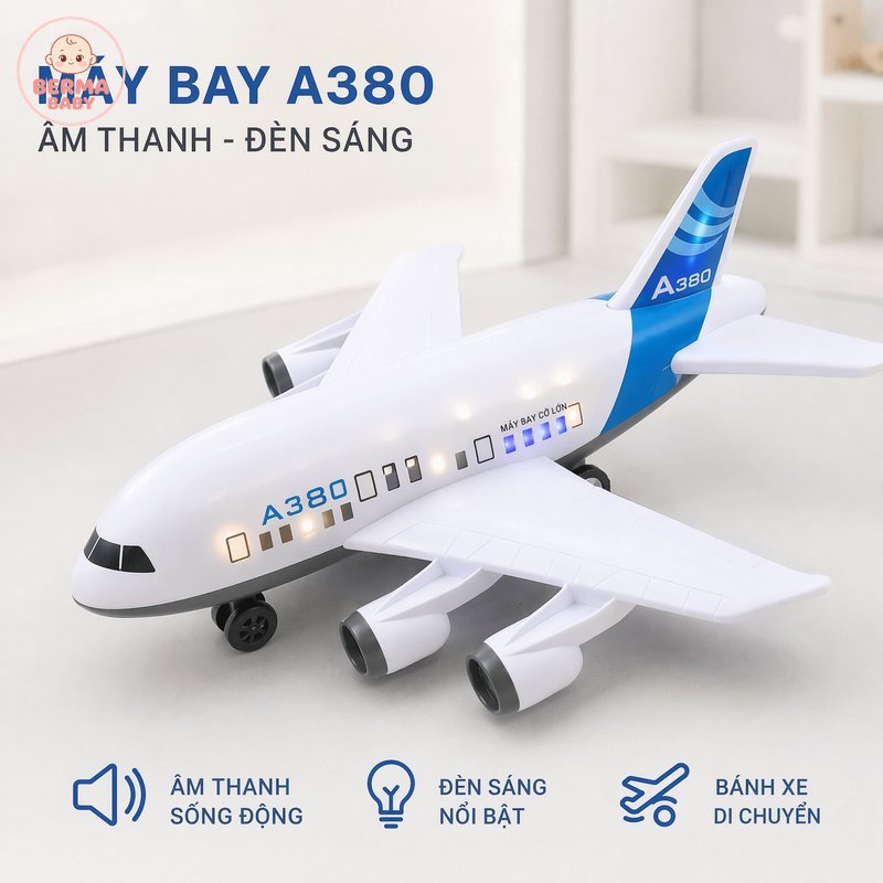 BERMA BABY Mô hình máy bay Airbus A380 đồ chơi chạy bánh đà nhạc đèn LED kèm 8 xe kim loại quà tặng cho bé