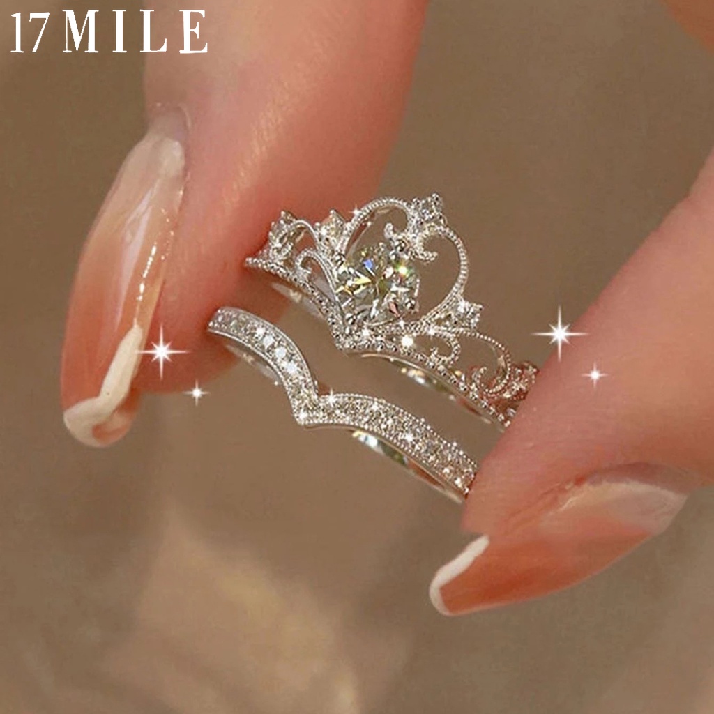 17 MILE 2Pcs set Shining Crown Ring Set Zircon Silver Rings for Women