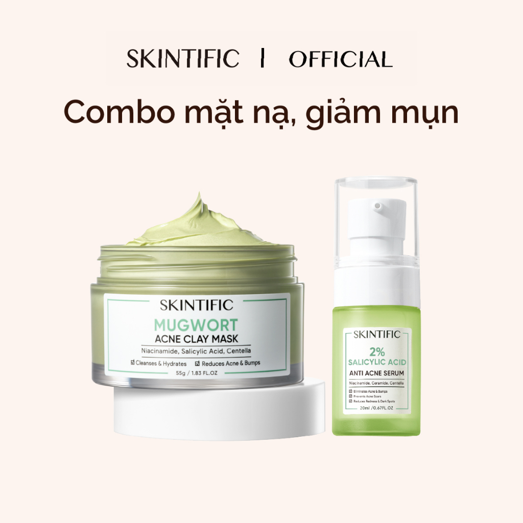 Combo mặt nạ giảm mụn Mặt nạ đất sét ngải cứu cải thiện vấn đề mụn 55g+Serum cải thiện vấn đề mụn 2% BHA SKINTIFIC 20ml