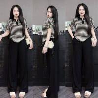 NEWWESTERN Womens Casual Set Polo Collar Wide Leg Striped Two-Piece