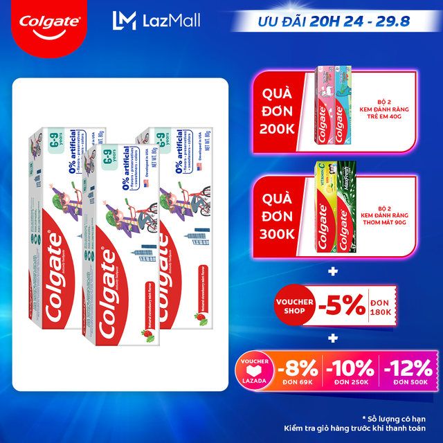 Bộ 3 Kem đánh răng Colgate Kid Free From dành cho trẻ em 6-9 tuổi không hương liệu và chất bảo quản 80g
