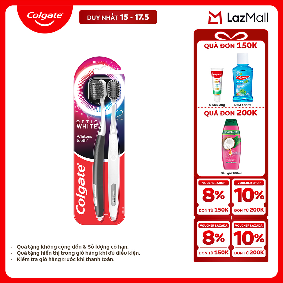 [Chỉ 15-17.5_X2 Voucher giảm đến 20%] Bàn chải Colgate trắng răng Optic White với lông chải 2 tầng sạch vượt trội