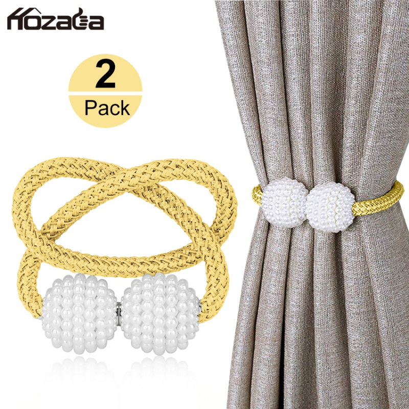 Hozada 2pcs Rèm Khóa Thắt Lưng Màn Holdback Mù Giá Đỡ Curtain Tiebacks Draperies Pearl Magnetic Tiebacks Braided Straps Ball Buckles Punch Free Curtains Hold Clips Curtain Accessories