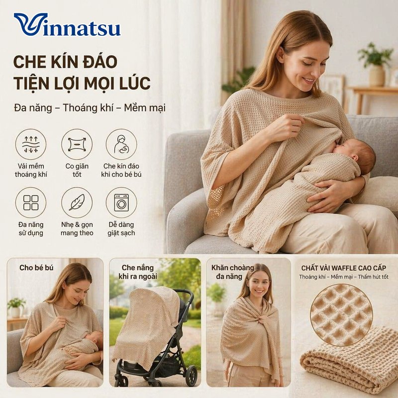 Vinnatsu khăn choàng cho bú waffle mềm thoáng khí co giãn che xe nôi đa năng dùng ngoài trời giặt máy