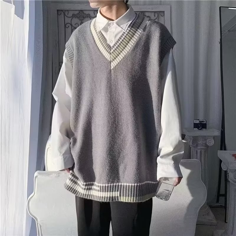 SUPEEON丨 Áo vest Áo len cộc tay cổ chữ V cho nam phong cách Đại Học Áo Áo len cổ chữ V rộng