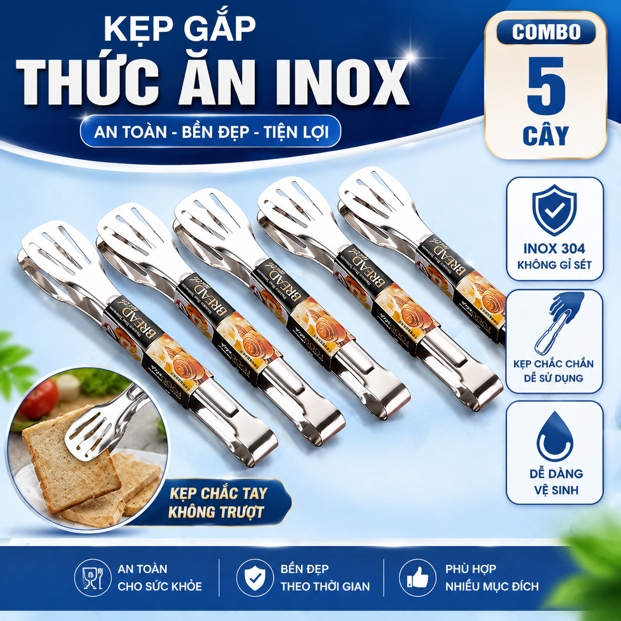COMBO 5 Kẹp Gắp Thực Phẩm Inox Cao Cấp - Kẹp Đa Năng Nướng Thịt/ Gắp Bánh Mì/ Rau Củ Nóng Lạnh Tiện Dụng