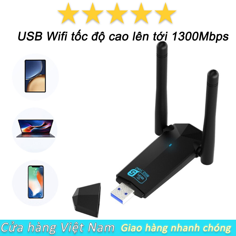 Usb wifi thu phát sóng wifi tốc độ cao 1300mbps 2 râu kép cho laptop pc, bộ chuyển đổi không dây usb 3.0 wifi6 nhỏ gọn tiện lợi, card mạng không dây băng tần kép 5ghz 2.4ghz, bộ thu wifi usb bộ phát wifi cực mạnh chính hãng