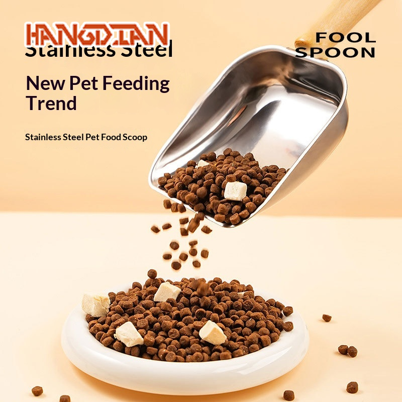 HANGDIAN Stainless Steel Pet Food Scoop with Wooden Handle - Large Capacity, Portable Feeding Spoon for Cats and Dogs ราคา 91 บาท*ส่งฟรี