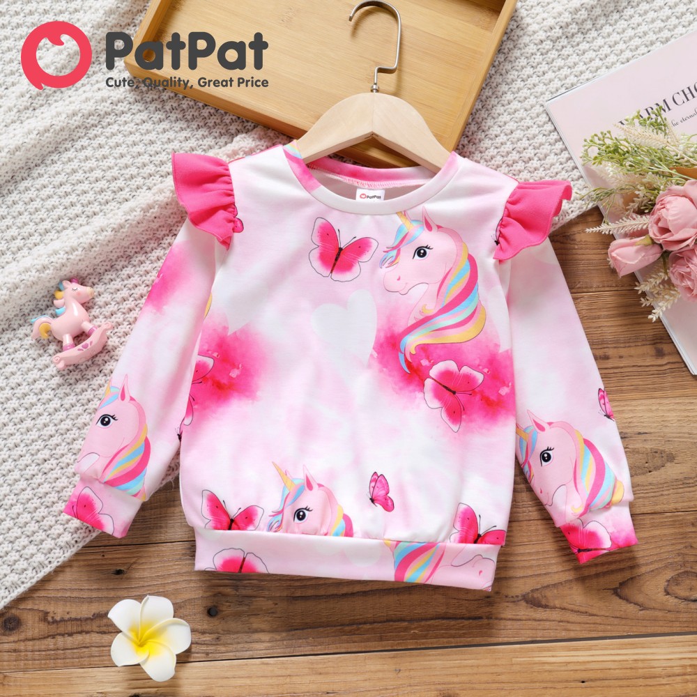 PatPat Toddler Girl Animal Unicorn Butterfly Print Ruffled Pink Pullover