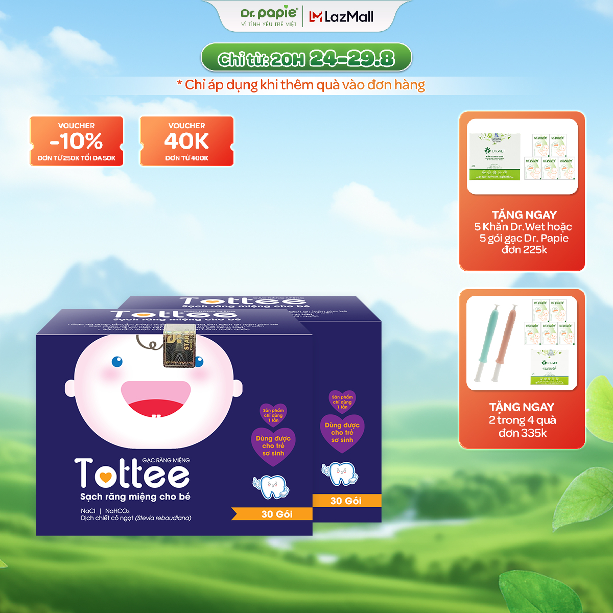 [Voucher 12% + Quà tặng] Combo 2 Hộp Gạc Rơ Lưỡi Tottee Làm Sạch Và Ngăn Ngừa Các Vấn Đề Răng Miệng Cho Bé 30 Gói/hộp