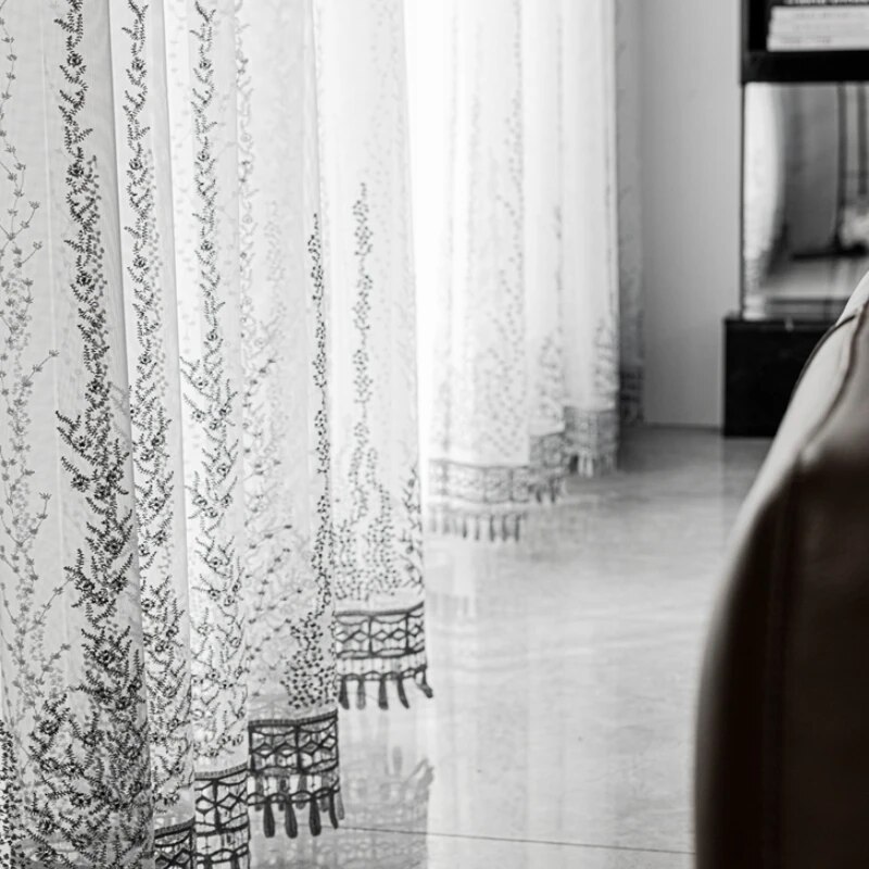 Bắc Âu Rèm phòng khách phòng ngủ phòng ăn tùy chỉnh sang trọng xám trắng vải tuyn thêu tua pháp rèm cửa sổ trang trí nội thất
