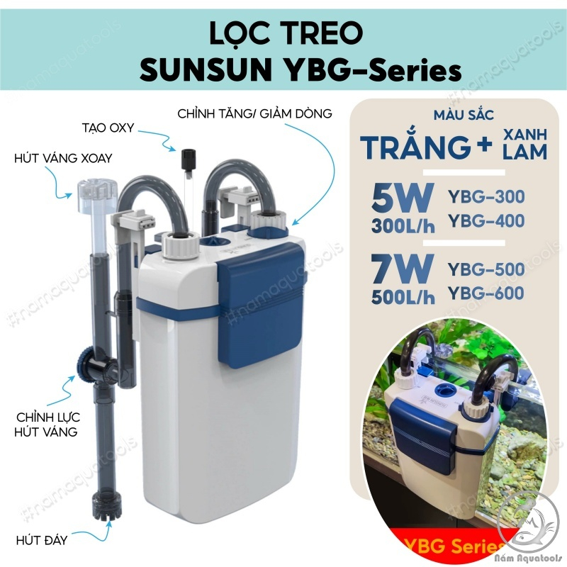  SUNSUN - Lọc Treo Thế Hệ Mới Sunsun YBG 300 | 400 | 500 | 600 - Tích Hợp Thổi Oxy Và Hút Váng Xoay Cho Hồ Cá Thuỷ Sinh 