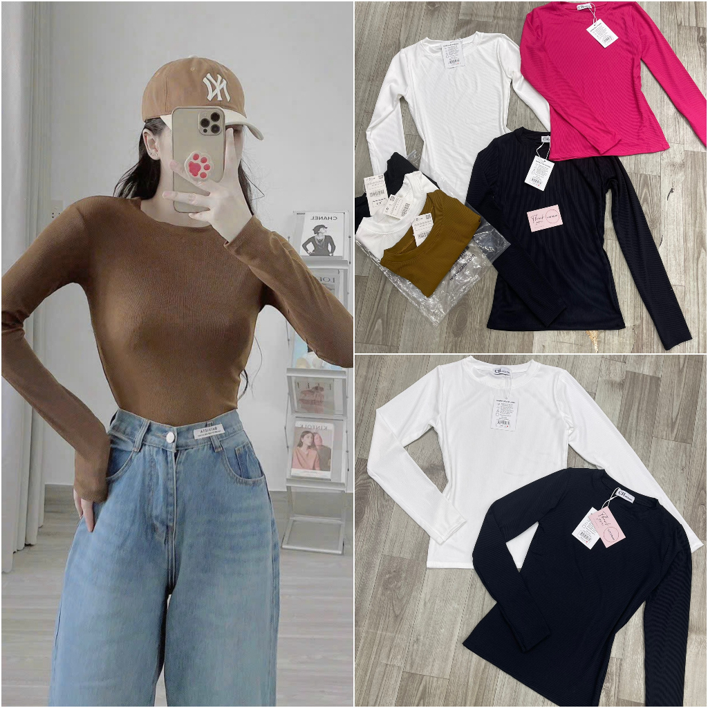 Combo 3 áo thun tăm dài tay- Áo thun nữ dài tay cổ tròn ôm body - Áo thu đông cổ tròn HiiNCloset