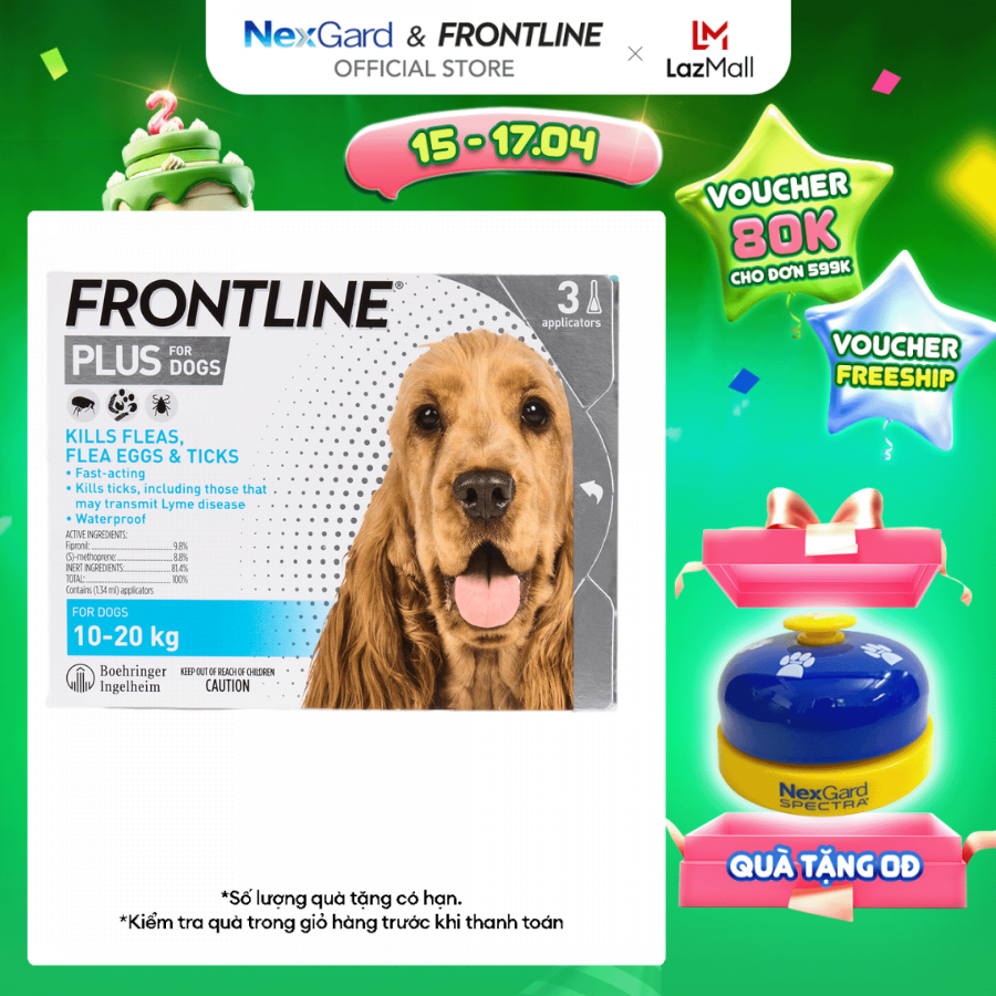Frontline Plus - Tuýp nhỏ gáy phòng & trị ve, rận, bọ chét cho Chó size M (10-20kg) - 1 hộp 3 tuýp