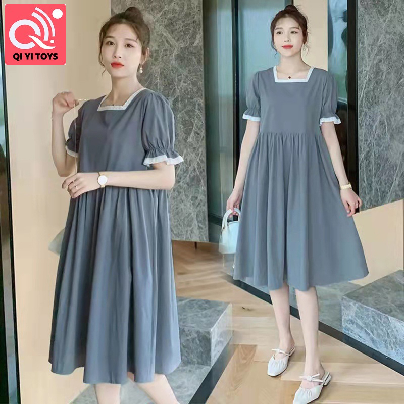 Phụ Nữ Đầm bầu Giản Dị Cổ Vuông Lỏng Lẻo Váy Midi Tay Ngắn Áo Thun A-Line Váy Cho Phụ Nữ Mang Thai