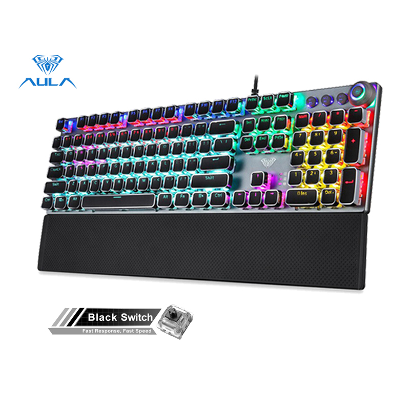 AULA factory store F2088 mechanical gaming keyboard detachable wrist rest multimedia knob, 104-key anti-ghosting Marco programming metal panel LED backlit keyboard, suitable for PC gamers (punk keycap) Singapore