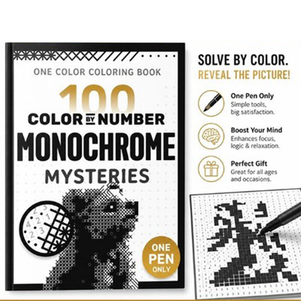 100 Color by Number Monochrome Mysteries: a One Color Coloring Book for Adults