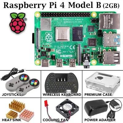 Authentic Raspberry Pi 4 Model B Quad Core Cortex-A72, 2GB, HDMI Dual Screen 4K, Wi-Fi, USB 3.0, Bluetooth 5.0, Wireless Keyboard, Joysticks, Case, Heat Sink, Cooling Fan, Power Adapter