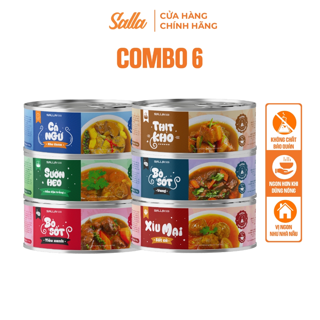  Combo 6 Hộp Bò Sốt Tiêu Xanh Sườn Hầm Đậu Cá Ngừ Kho Thơm Bò Sốt Vang Xíu Mại Sốt Cà Thịt Kho 