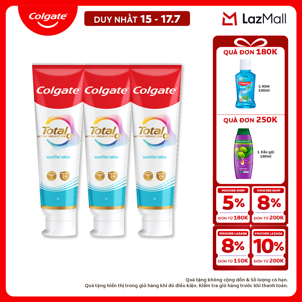 [Chỉ 15-17.7_X2 Voucher giảm đến 18%] [MỚI] Bộ 3 Kem đánh răng Colgate Total sạch sâu bảo vệ, ngăn ngừa 8 vấn đề răng miệng 150g/ tuýp