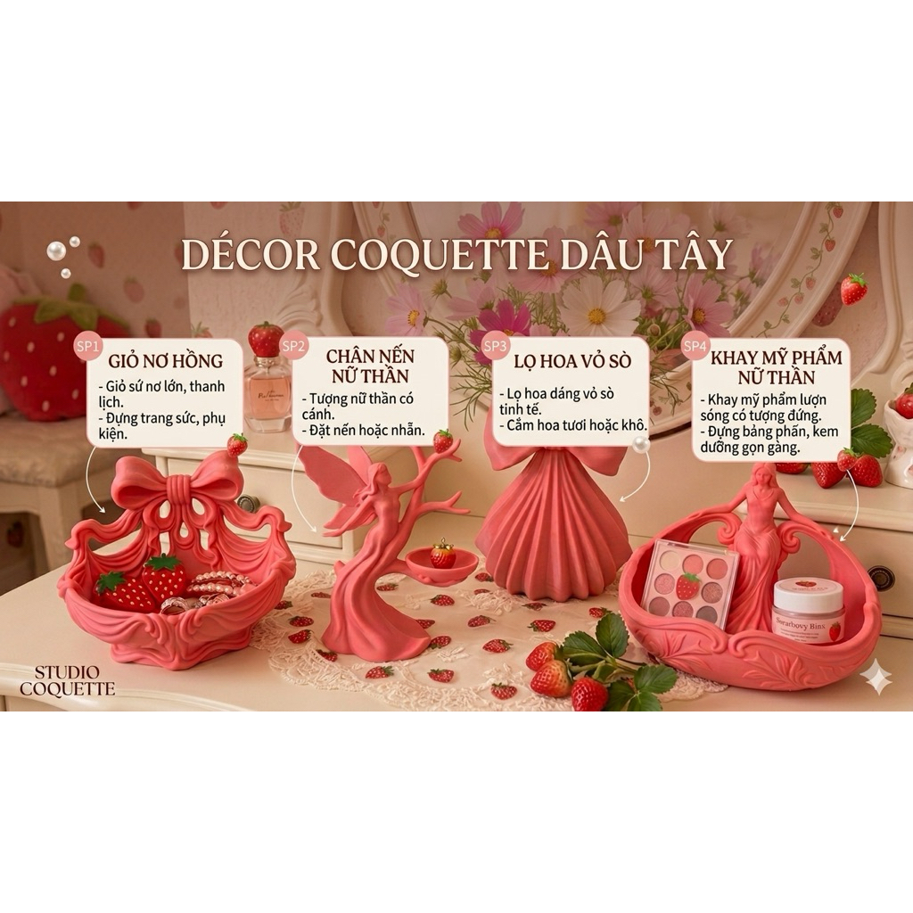 Decor Conquette strawberry (bộ khay lọ trang trí bàn làm việc)