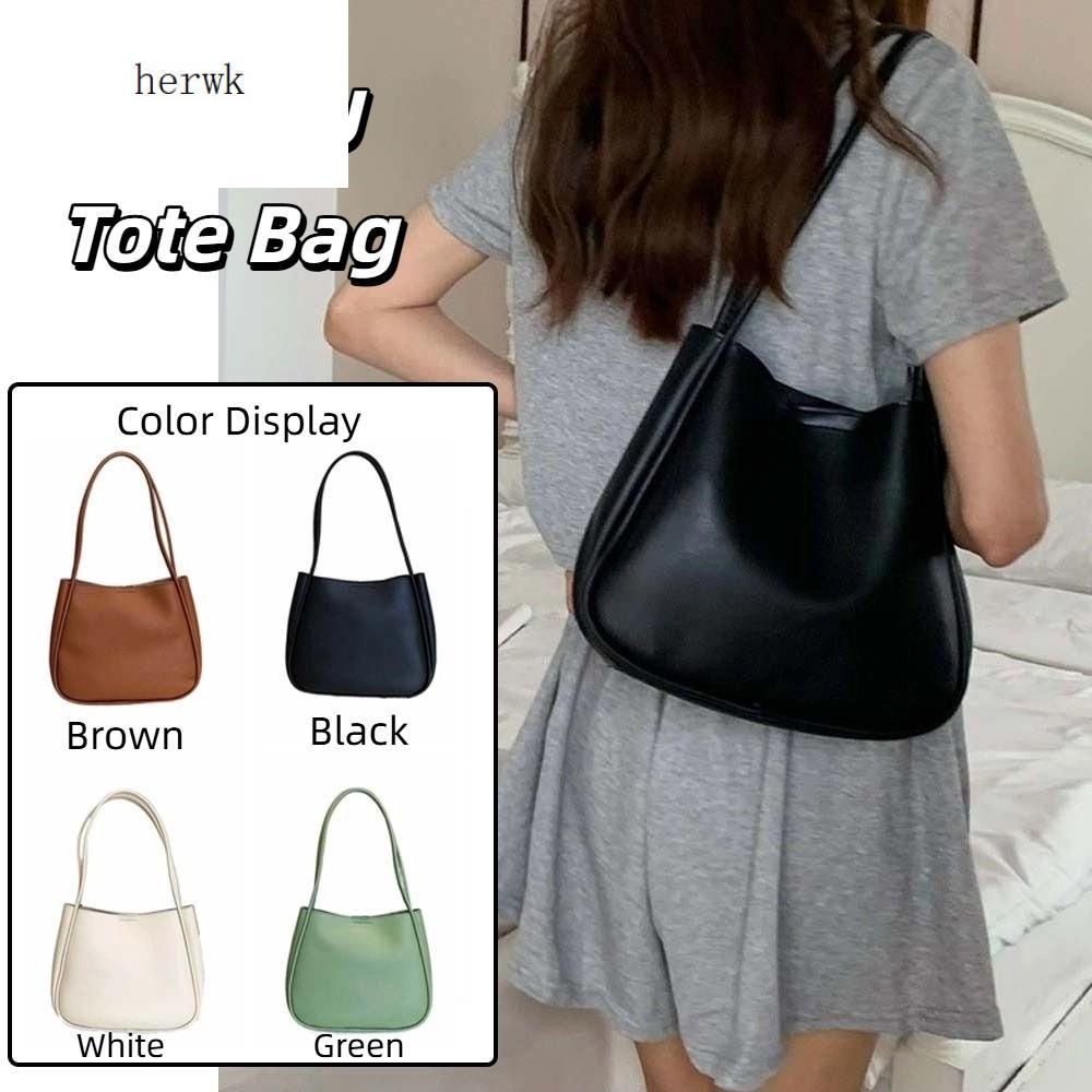 HERWK Dung lượng lớn Túi tote PU mềm Thanh lịch Chống nước bắn tung tóe Túi xách màu sắc đồng nhất Mua sắm Polyester Túi xách nách Pháp Phụ nữ