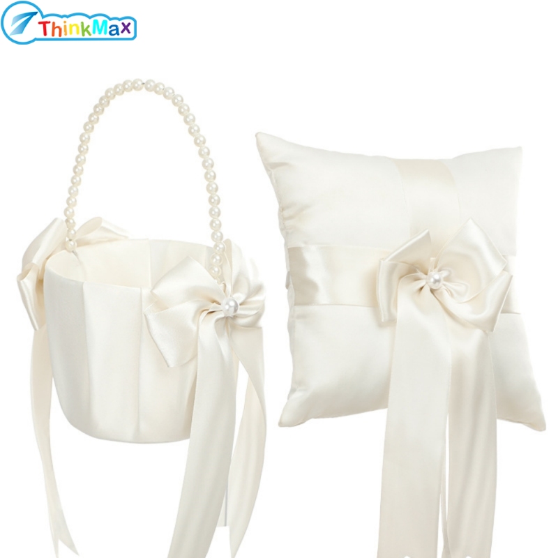 2023 Wedding Flower Girl Basket Ring Pillow Set Romantic Satin Bow Pearls
