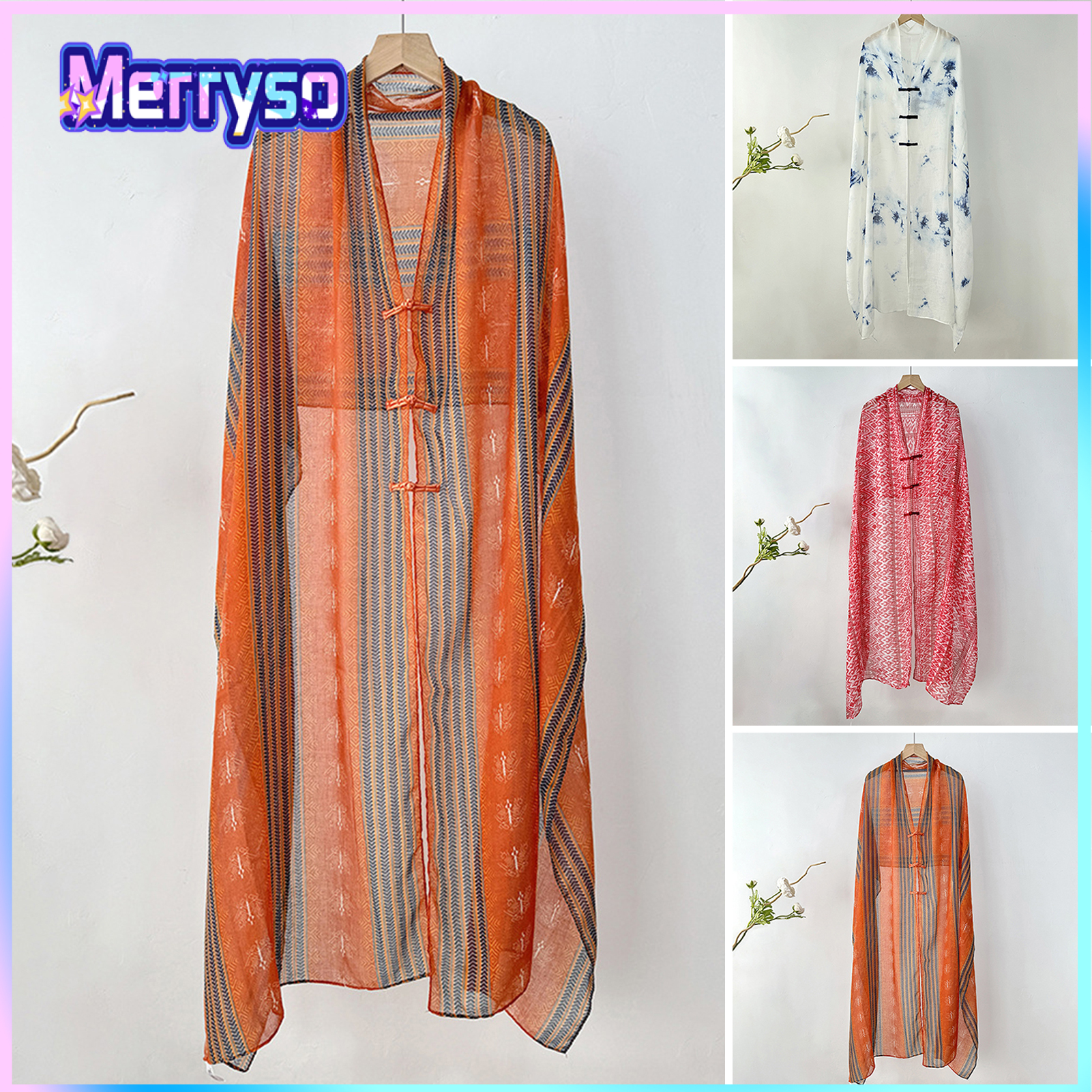 Beach Sunscreen Shawl with Chinese Ethnic Print UV Protection Buckle Design Beach Shawl for Outdoor Activities Cycling Vacation ราคา 280 บาท*ส่งฟรี