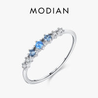 Modian 925 bạc Sterling đơn giản Stackable thời trang mỏng Nhẫn đeo ngón tay Charm màu xanh Zirconia Nhẫn nữ trang sức đám cưới tinh xảo