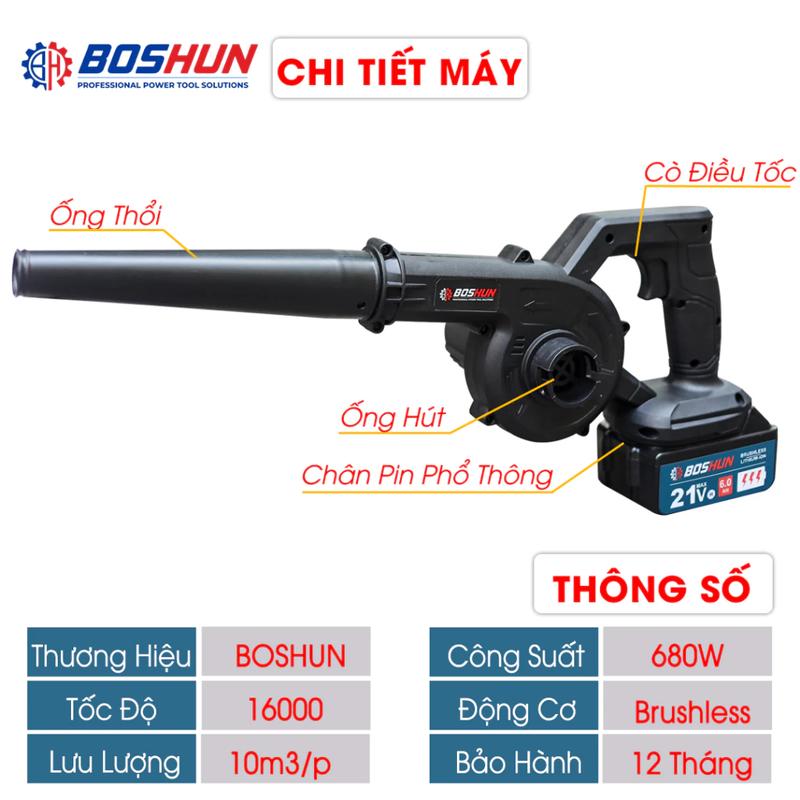 Máy Thổi Hút Bụi Pin BOSHUN , Động Cơ Đồng 100% , 2 Chức năng Thổi-Hút, Công Suất 680W, Tốc độ 16300 vòng/phút