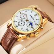 Men's Gold Dial Quartz Watch with Leather Strap - COD