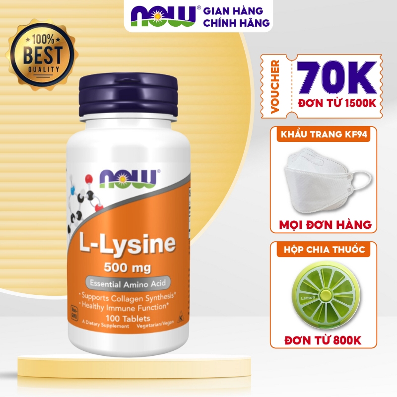 Viên uống hỗ trợ miễn dịch giảm mụn tổng hợp collagen Now L-Lysine 500mg 100 viên | NTDT2